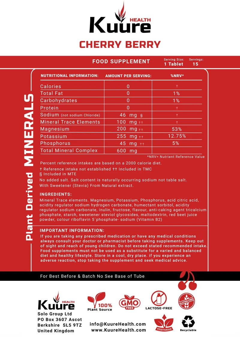 Kuure Plant Derived Minerals , Effervescent / Cherry - 2 x Tubes 30 tabs - KuureHealth.com - Image 2